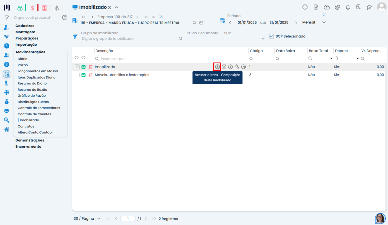 Lista de Imobilizado no Sistema Contábil Makro, com ícone de itens de composição destacado para ajustar a validação Diário x Imobilizado.