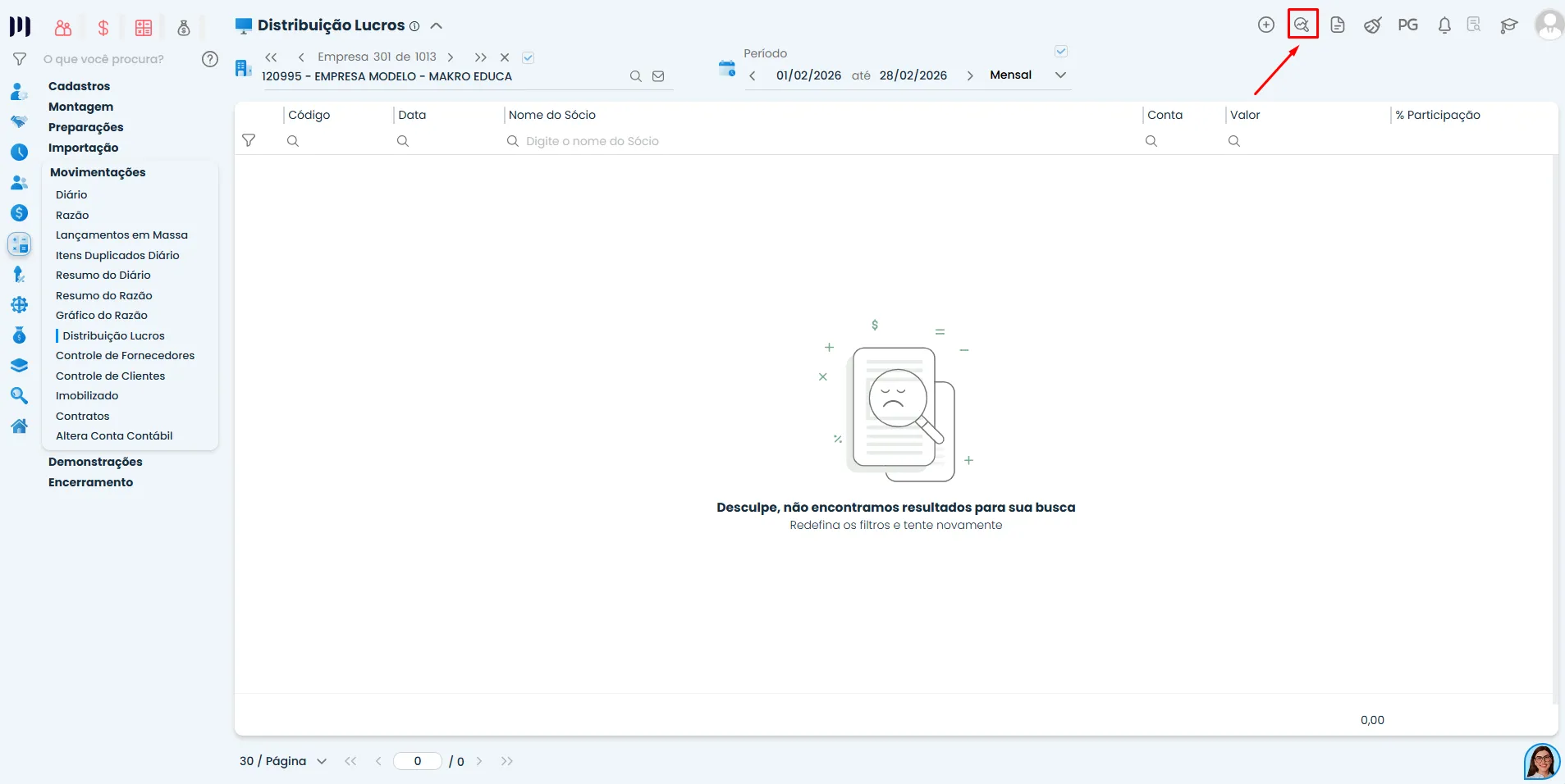 Registro da Distribuição de lucros no software contábil Makrosystem