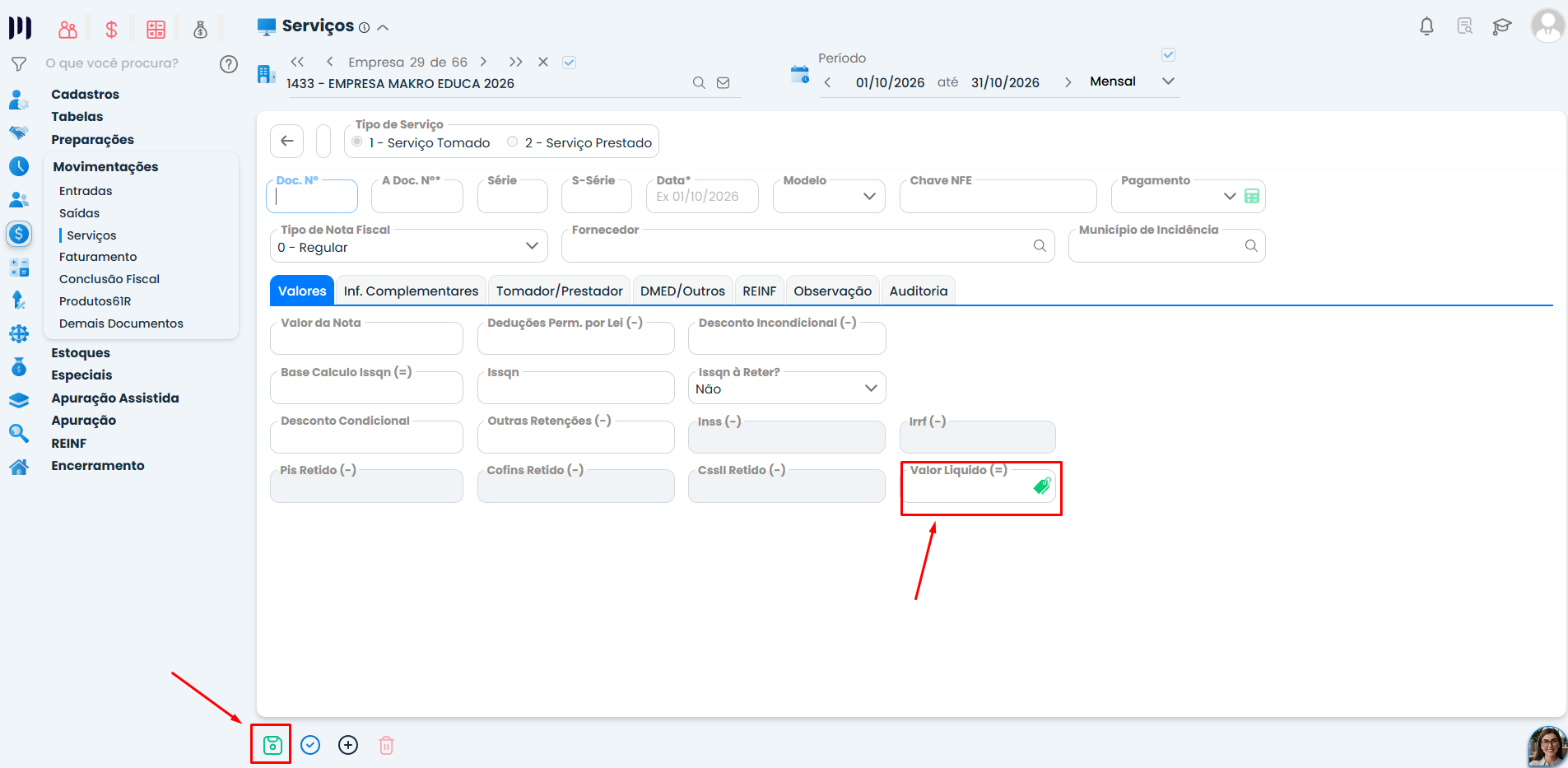 Tela do Sistema Contábil Makro com destaque no campo Valor Líquido e no ícone de salvar o lançamento manual da Nota Fiscal de Serviços Tomados.