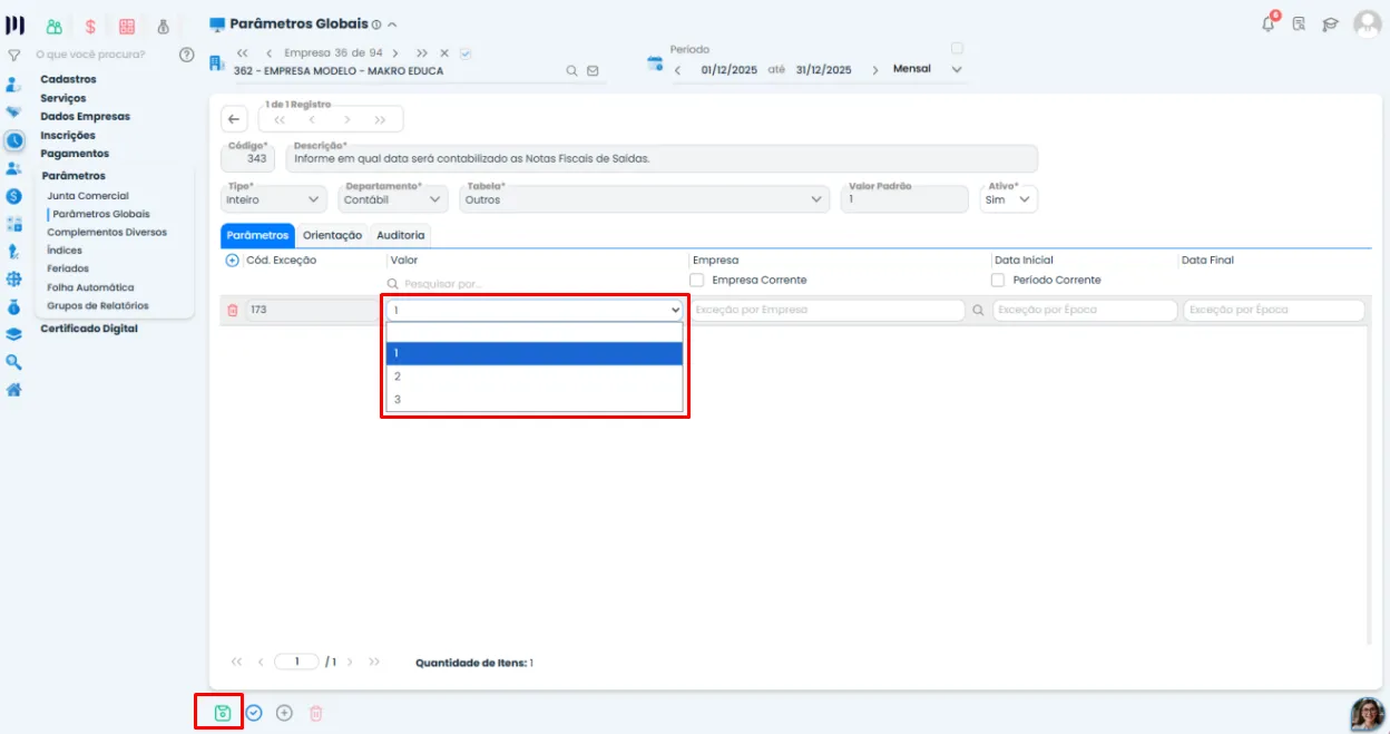 Tela do Sistema Contábil Makro com o Parâmetro 343 aberto, destacando a lista de valores 1, 2 e 3 para seleção da data de referência das notas de saída.