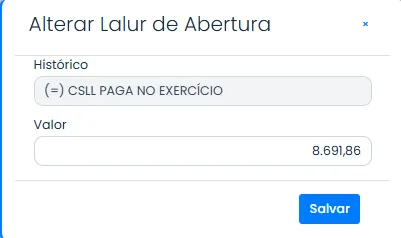 Janela Alterar Lalur de Abertura no Sistema Contábil Makro com o campo IRPJ pago no exercício preenchido.