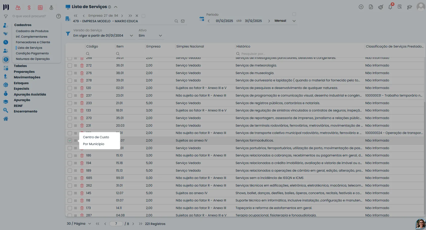 Lista de Serviços do Sistema Contábil Makro com menu Centro de Custo aberto para configurar a Contabilização do ISSQN no serviço fiscal.