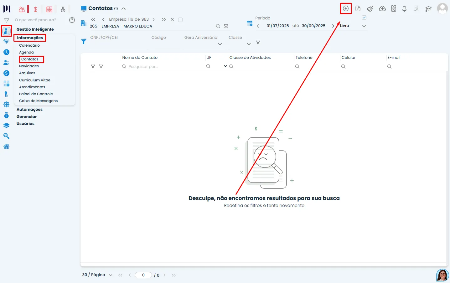 Tela de Contatos do Sistema Contábil Makro com menu Informações destacado e botão de novo registro para cadastrar Conta bancária como contato.