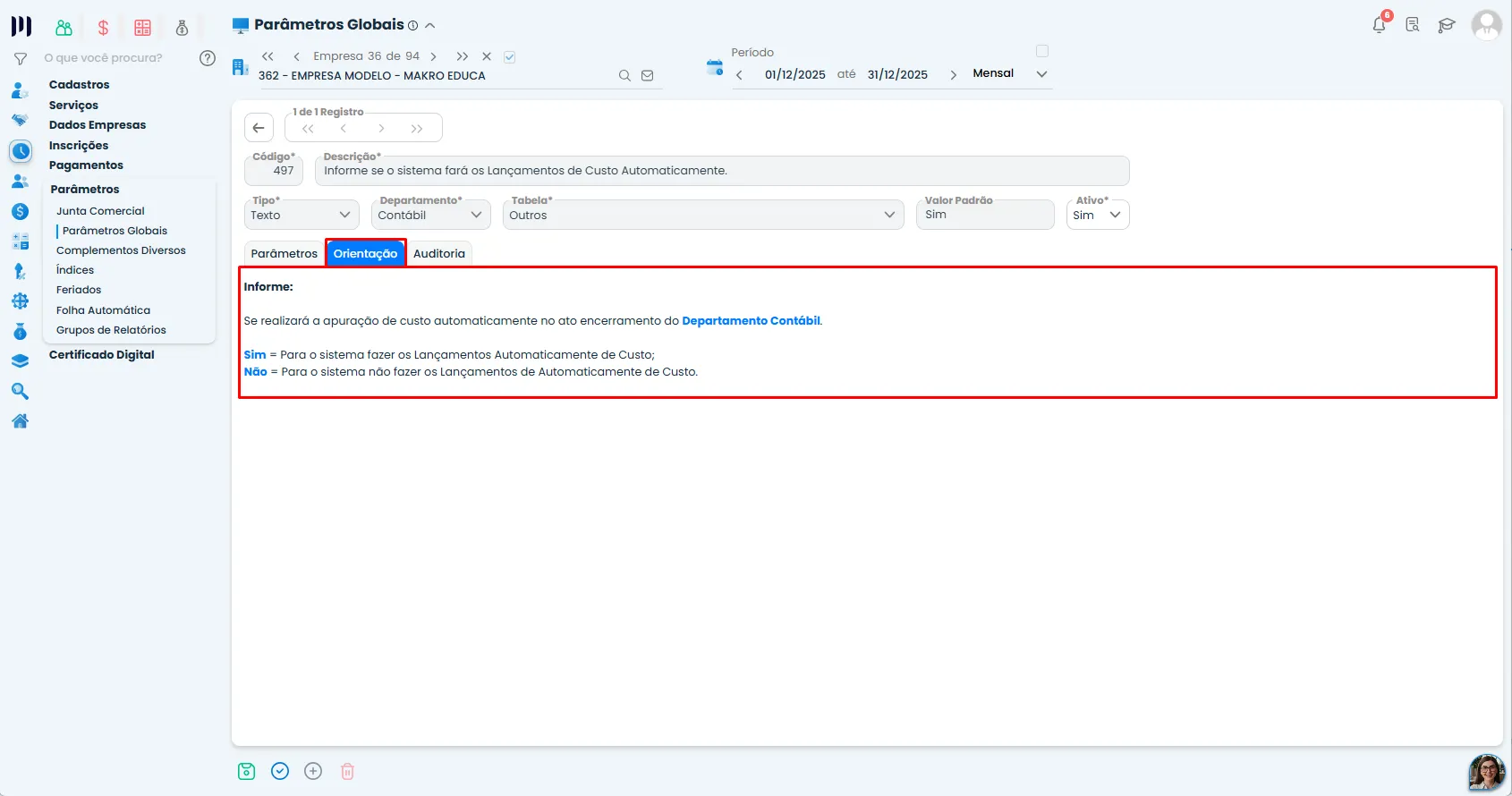 Tela do Sistema Contábil Makro com a aba Orientação do Parâmetro 497 destacada, exibindo as instruções sobre lançamentos automáticos de custo.