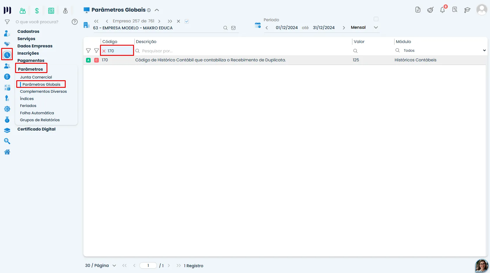 Tela de Parâmetros Globais do Sistema Contábil Makro, com o Parâmetro 170 destacado na lista para configurar o recebimento de duplicatas.