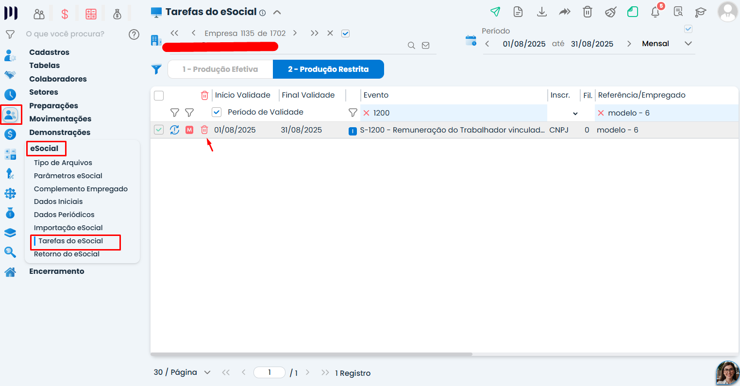Tela do Sistema Contábil Makro com evento S-1200 e ícone de exclusão destacados nas tarefas do eSocial para ajustar Dados divergentes de INSS.