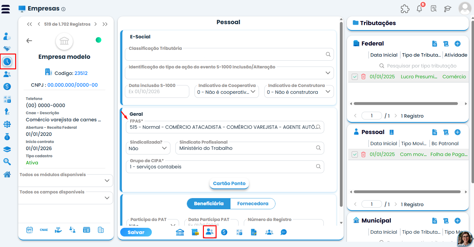 Tela do Sistema Contábil Makro com cadastro de empresas aberto, exibindo os campos FPAS e Classificação Tributária para Cadastrar Produtor Rural.