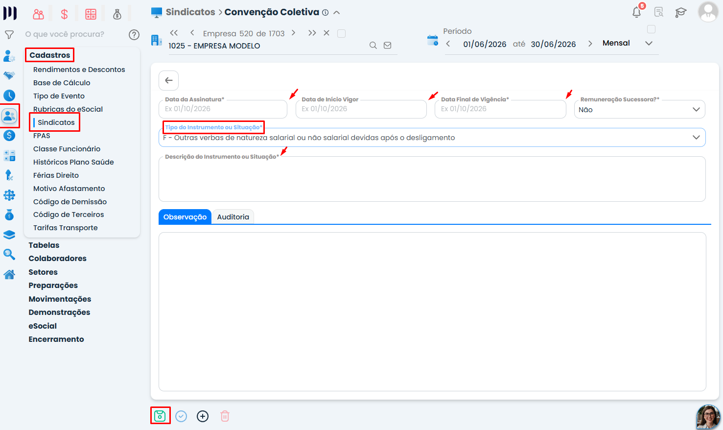 Tela do Sistema Contábil Makro com formulário de convenção coletiva e tipo de instrumento F selecionado para registro de rescisão complementar.