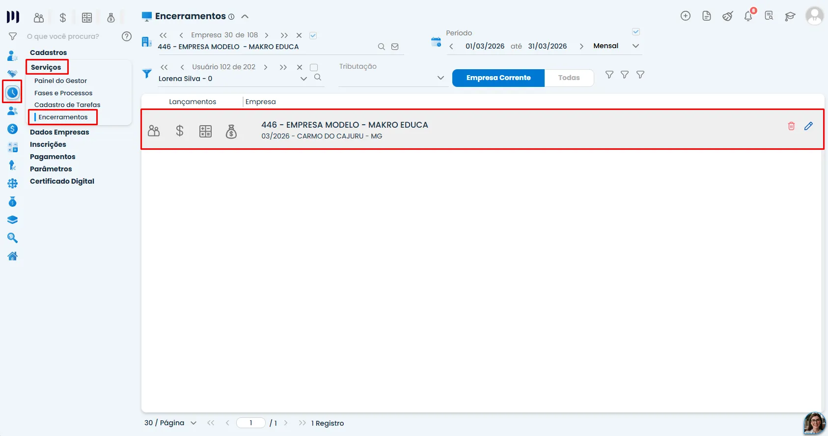 Tela do Sistema Contábil Makro com o menu Serviços e a opção Encerramentos destacados para consultar o controle de Encerramento do período.