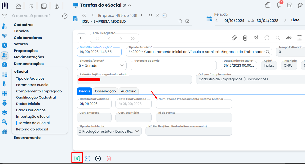 Tela de edição do evento S-2200 no Sistema Contábil Makro, com seta vermelha apontando o campo de recibo do sistema anterior para o eSocial 537.