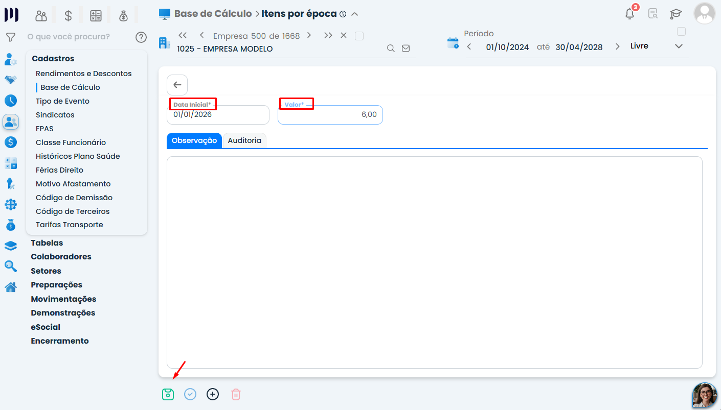 Itens por época no Sistema Contábil Makro exibe data inicial e valor da tarifa usados para atualizar o cálculo do vale transporte na folha.