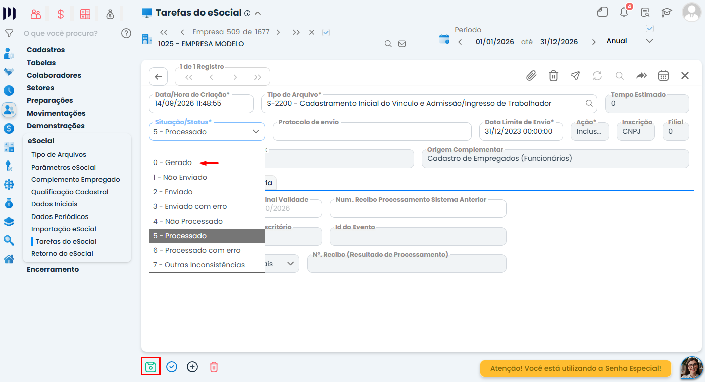 Tela do Sistema Contábil Makro mostrando Como excluir um Colaborador, com destaque para a alteração do status do evento de Processado para Gerado.