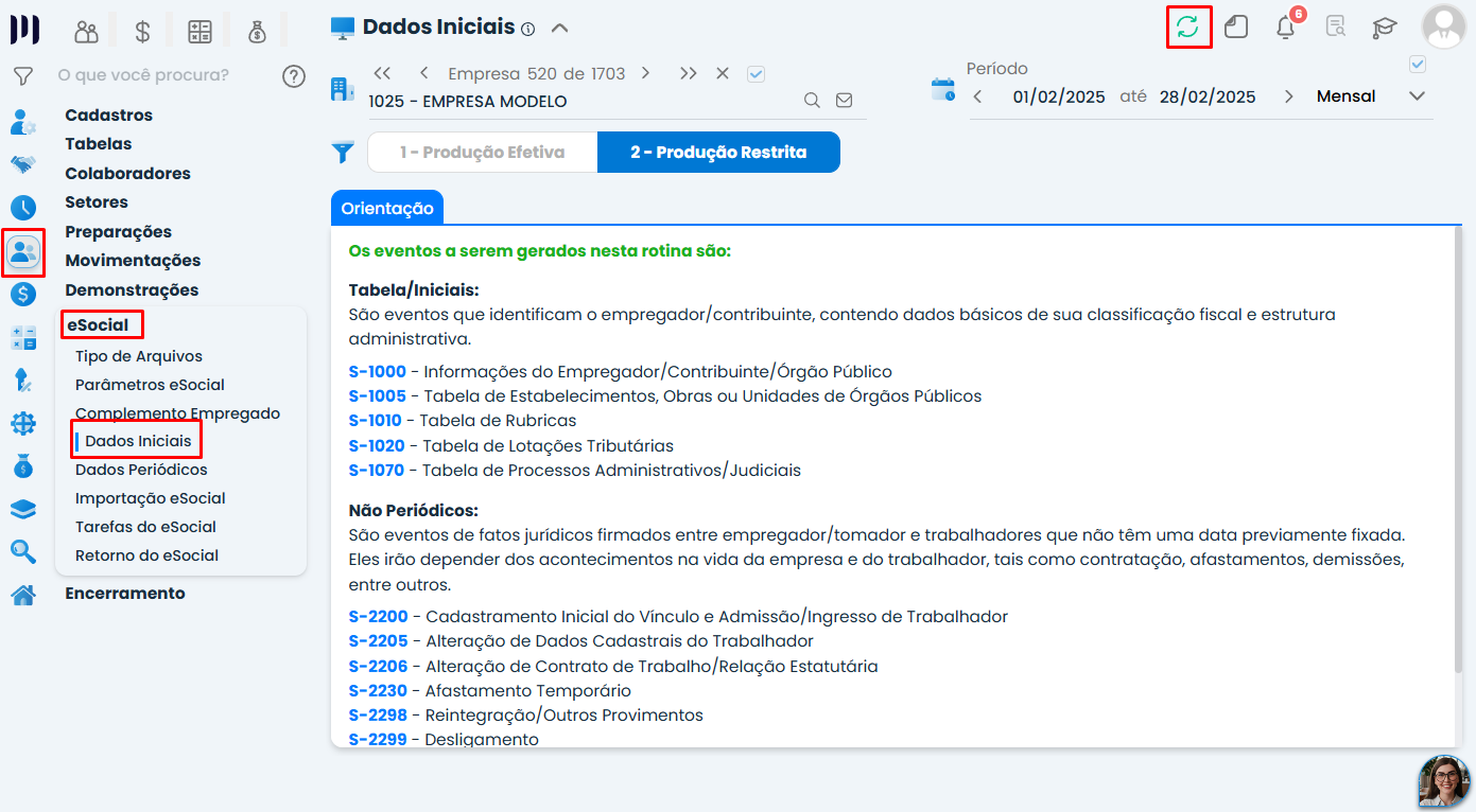Tela de Dados Iniciais do Sistema Contábil Makro, com eventos de admissão e opção de atualização para resolver Vínculo Trabalhista não localizado.