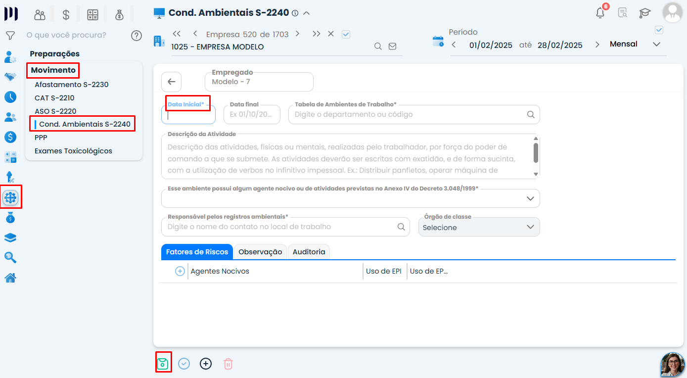 Tela de Condições Ambientais S-2240 no Sistema Contábil Makro, com data inicial em destaque para corrigir Contrato de Trabalho Não Localizado.