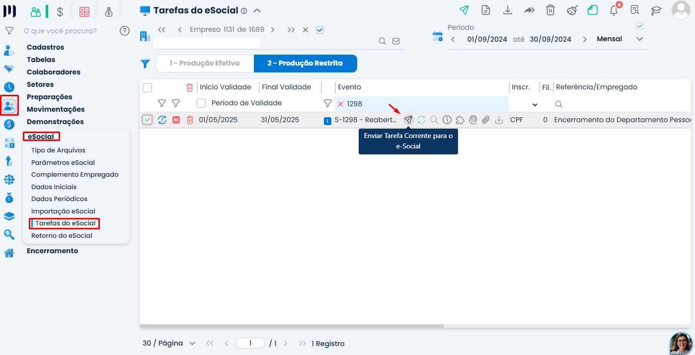 Tela de Tarefas do eSocial no Sistema Contábil Makro, com evento S-1298 e ícone de envio destacado para reabrir o cálculo de patronal.