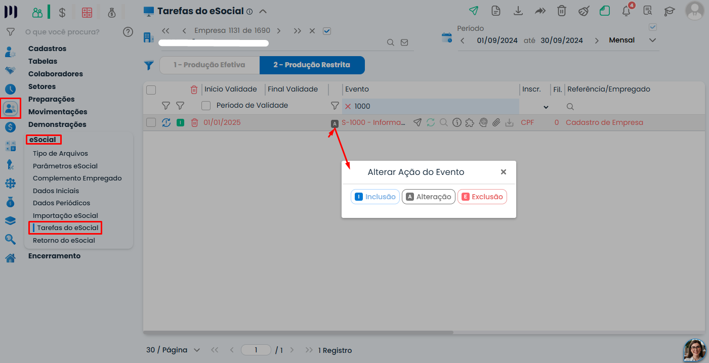 Tela de Tarefas do eSocial no Sistema Contábil Makro, com evento S-1000 e opção Inclusão destacados para atualizar o cálculo de patronal.