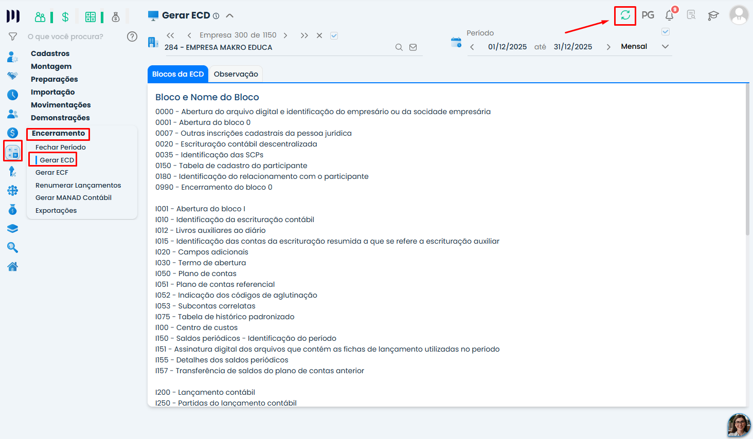 Tela Gerar ECD do Sistema Contábil Makro, com menu Encerramento e ícone de geração destacados para emitir o arquivo da ECD Simples Nacional.