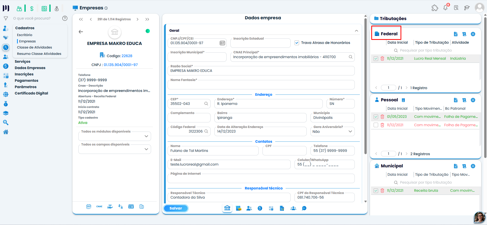 Tela de dados da empresa no Sistema Contábil Makro, com seção de Tributação Federal destacada para verificar a configuração da ECD Simples Nacional.