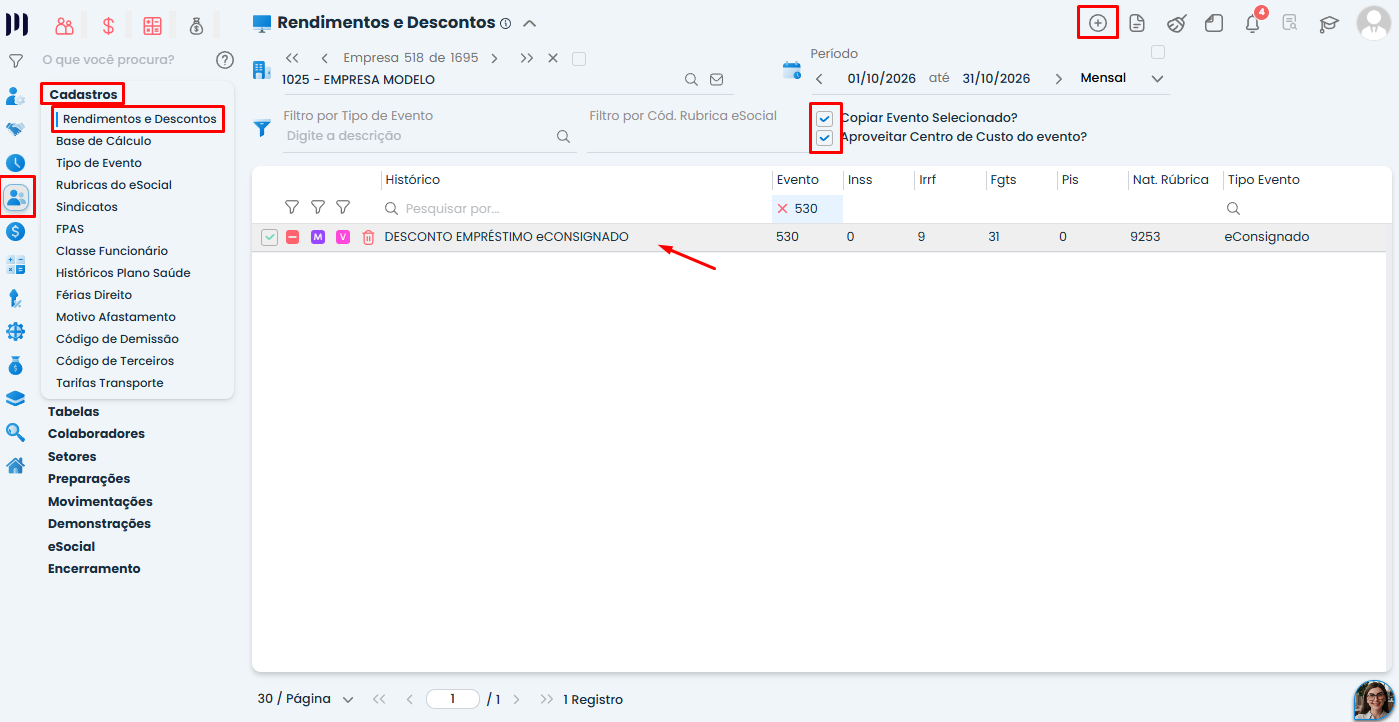Tela do Sistema Contábil Makro com a Validação eSocial 17, destacando o evento de empréstimo e as opções para copiar suas configurações.