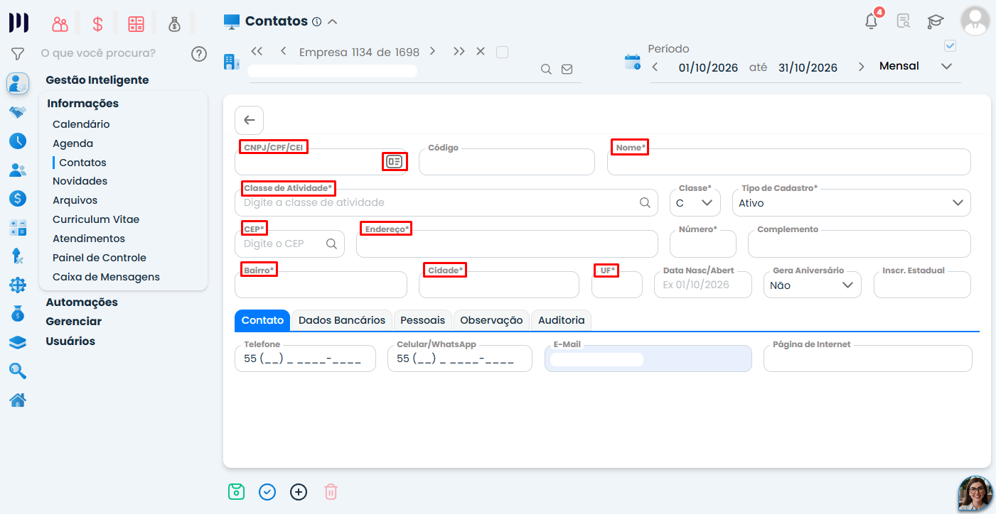 Tela de contatos do Sistema Contábil Makro para Cadastrar Operadora (Convênio), com campos de CNPJ, nome, classe de atividade e endereço.