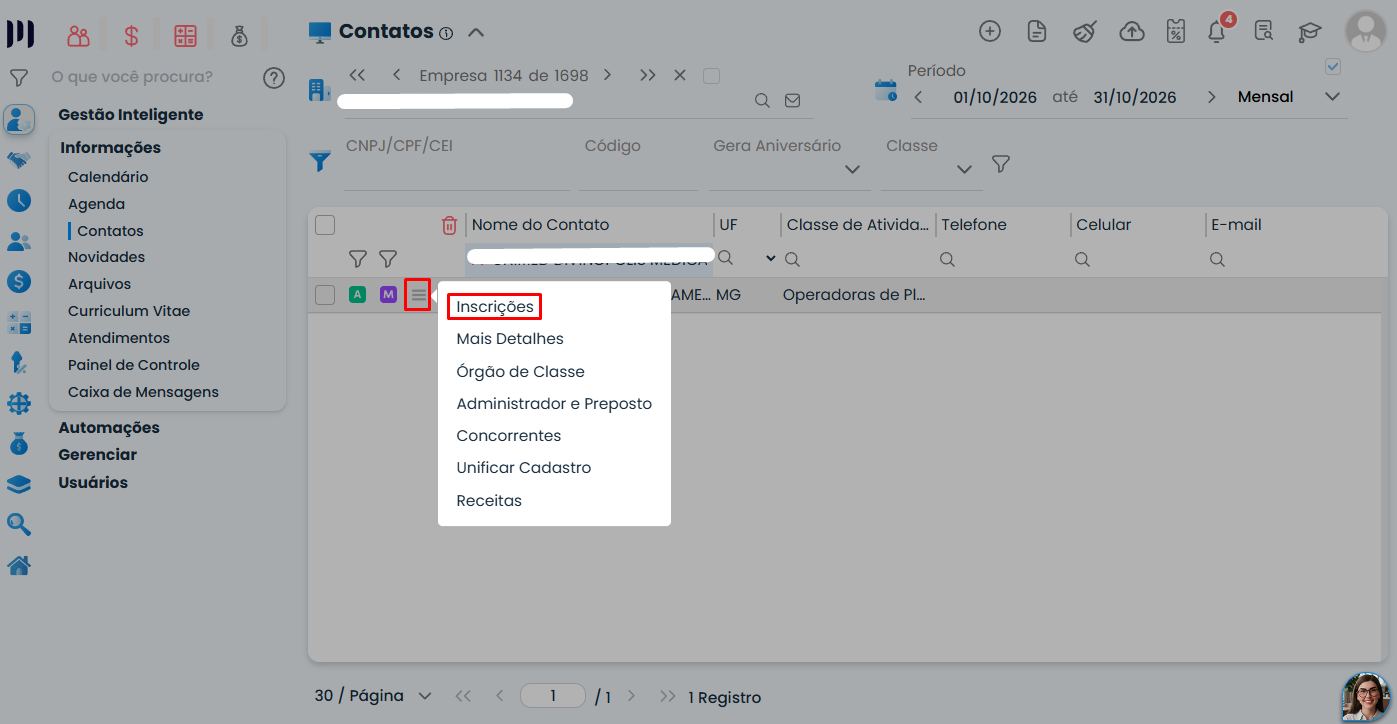 Tela do Sistema Contábil Makro para Cadastrar Operadora (Convênio), destacando o menu de opções do contato com a função Inscrições selecionada.