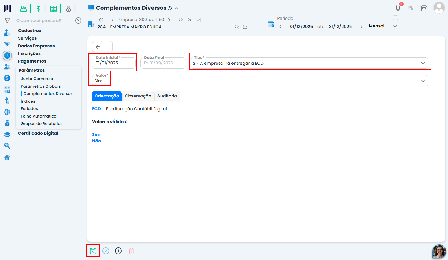 Formulário do Sistema Contábil Makro com data inicial, tipo de entrega da escrituração e valor Sim destacados para configurar a ECD no Sistema Makro.