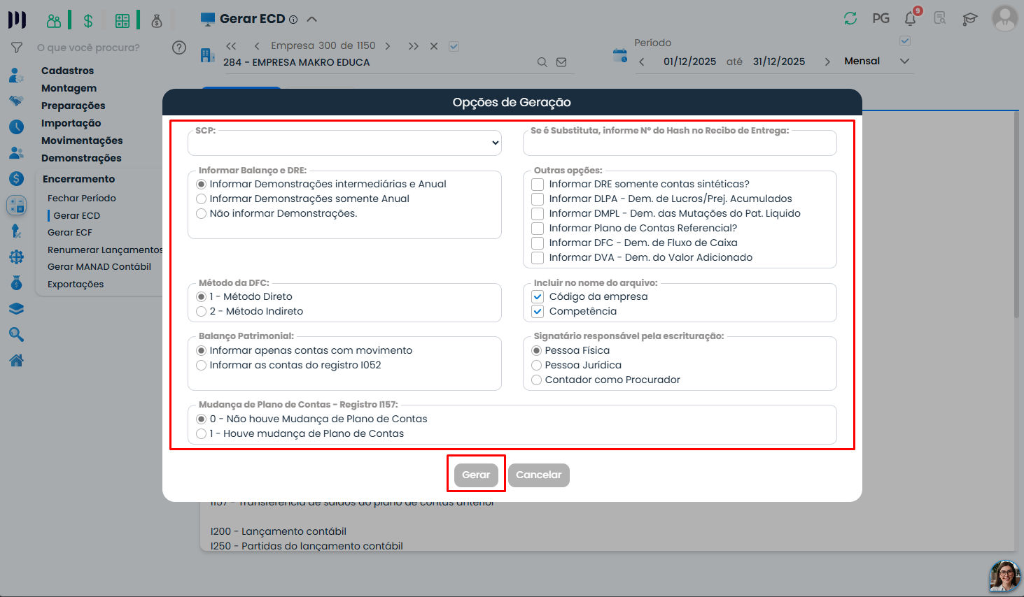 Janela do Sistema Contábil Makro com opções de DFC, balanço, SCP, plano de contas e signatário para concluir a geração da ECD no Sistema Makro.