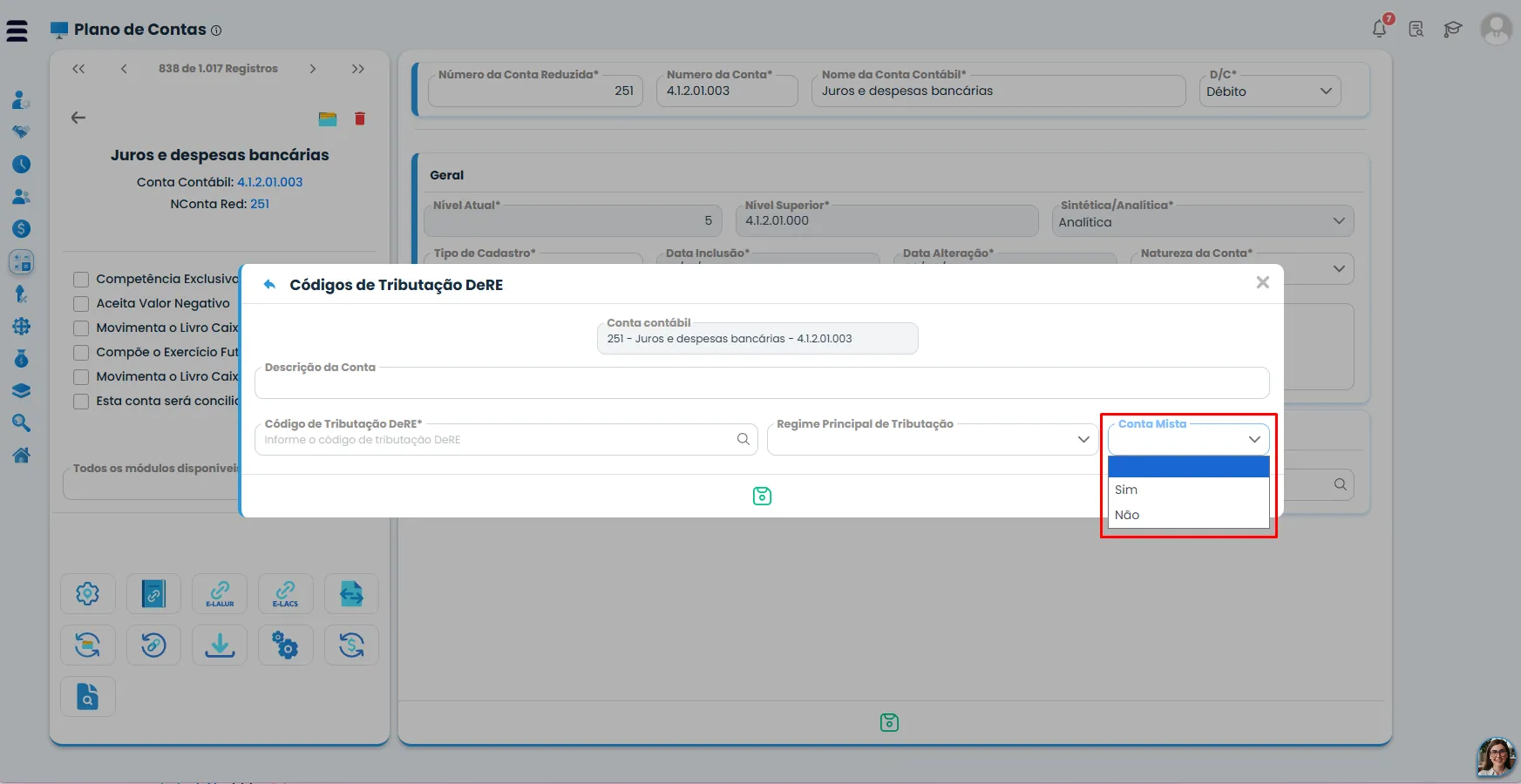 Tela do Sistema Contábil Makro com o campo Conta Mista aberto, exibindo as opções Sim e Não na configuração do Código de Tributação da DeRE.