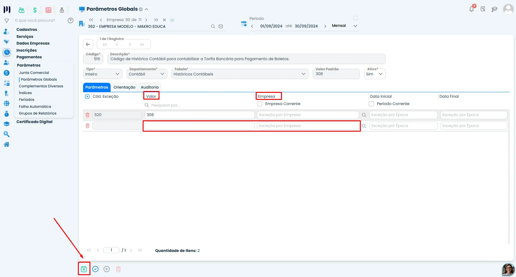 Tela do Sistema Contábil Makro mostrando o Parâmetro 516, com destaque para os campos Valor e Empresa e o botão de salvar a configuração.