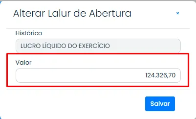 Janela Alterar Lalur de Abertura no Sistema Contábil Makro exibindo o valor do Lucro Líquido do Exercício para preenchimento.
