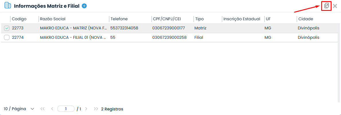 Janela Informações Matriz e Filial do Sistema Contábil Makro, com botão de edição destacado para acessar os dados da Inversão de Matriz.