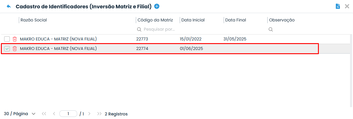 Lista de identificadores do Sistema Contábil Makro, com novo registro de matriz destacado após concluir o cadastro da Inversão de Matriz.