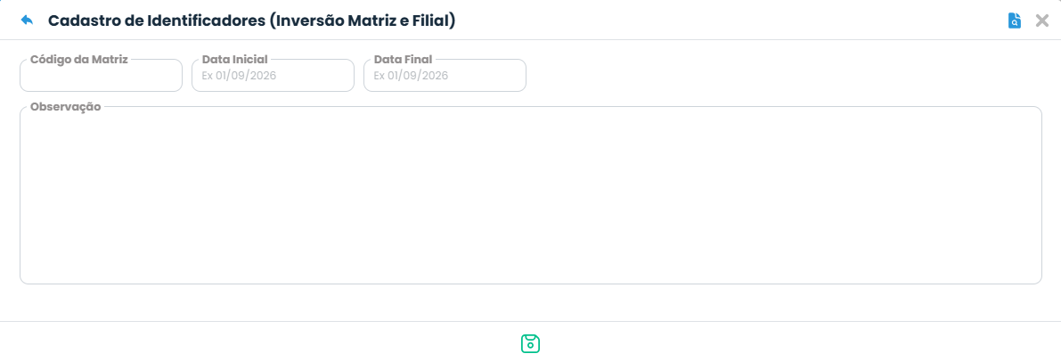 Formulário de cadastro do Sistema Contábil Makro, com campos Código da Matriz, Data Inicial e Data Final para a Inversão de Matriz.