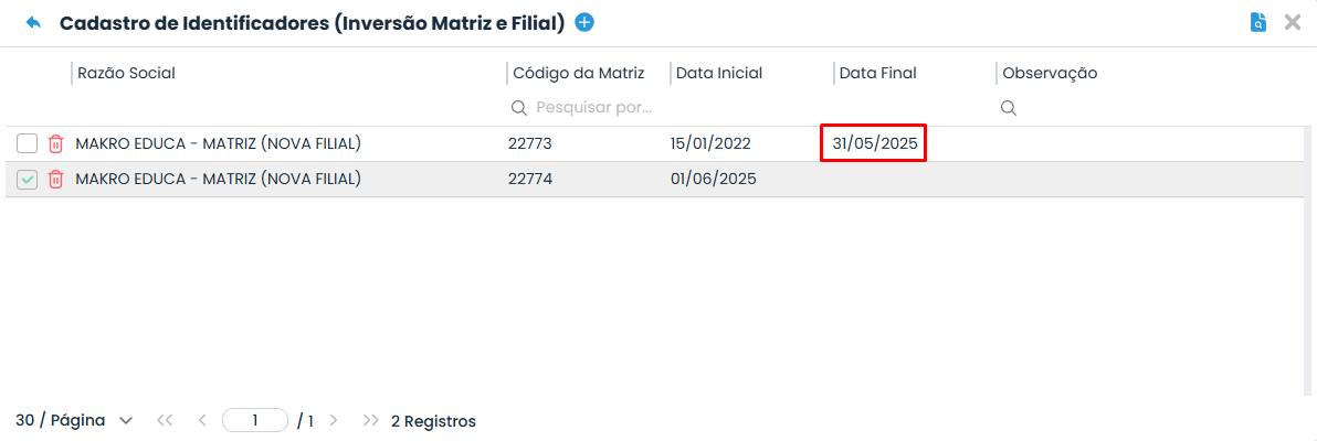 Tela de identificadores do Sistema Contábil Makro, com data final 31/05/2025 destacada no registro anterior da Inversão de Matriz.