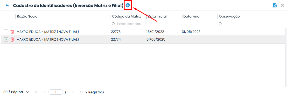 Tela de identificadores do Sistema Contábil Makro, com botão de inclusão destacado para criar novo registro na Inversão de Matriz.