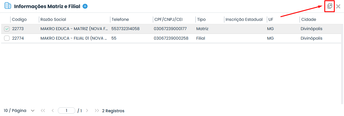 Janela Informações Matriz e Filial do Sistema Contábil Makro, com botão de edição destacado para continuar o processo de Inversão de Matriz.