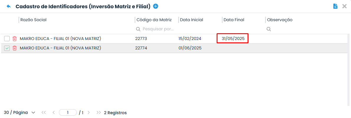 Tela de identificadores do Sistema Contábil Makro, com data final 31/05/2025 destacada para encerrar vínculo antes da Inversão de Matriz.