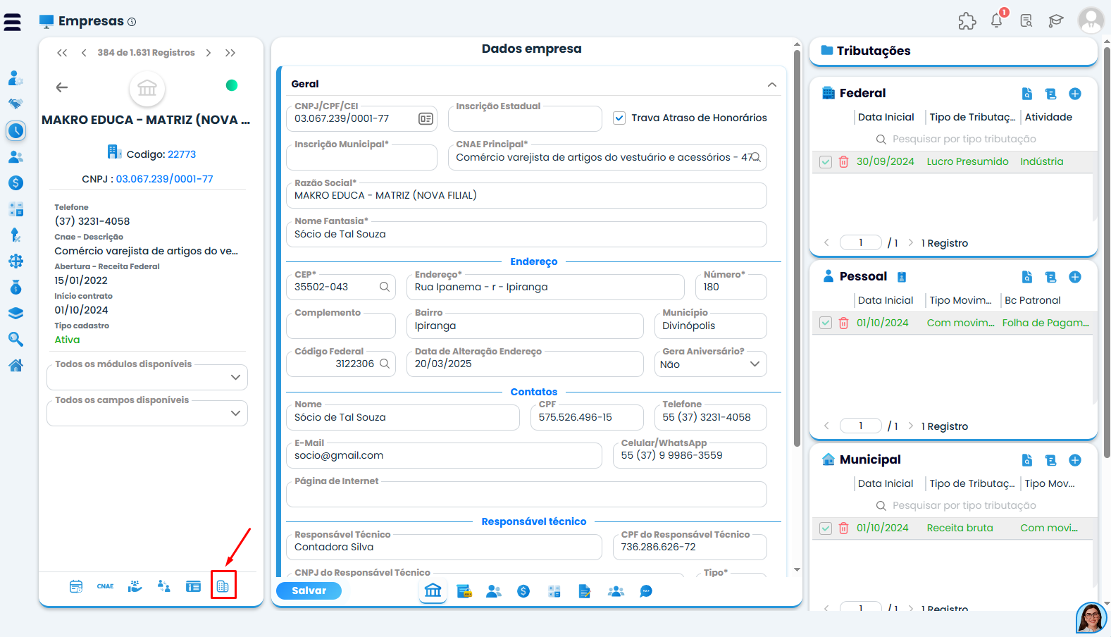 Cadastro da empresa no Sistema Contábil Makro, com ícone de Matriz e Filial destacado para acessar e configurar a Inversão de Matriz.