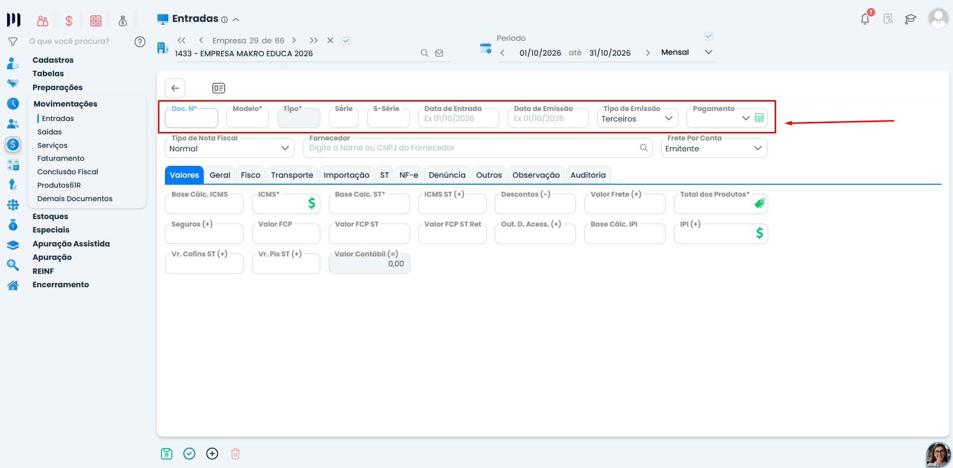 Tela do Sistema Contábil Makro com campos de número, modelo, série, datas e pagamento destacados no Manual de Nota Fiscal de Entrada.