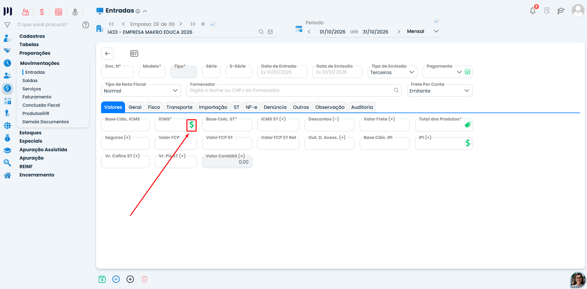 Tela do Sistema Contábil Makro com ícone de ICMS destacado em vermelho para configurar os tributos no Manual de Nota Fiscal de Entrada.