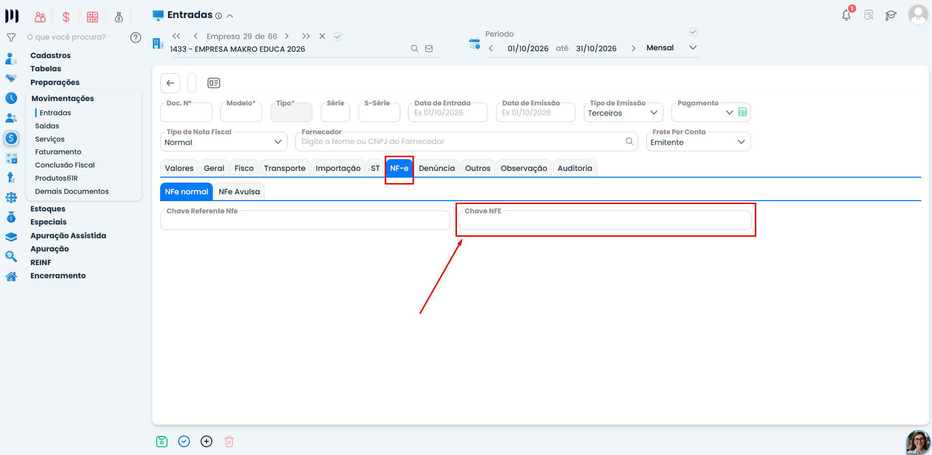 Tela do Sistema Contábil Makro com aba NF-e e campo Chave NFE destacados em vermelho no Manual de Nota Fiscal de Entrada.