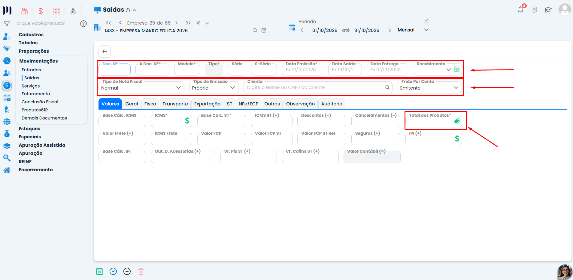 Tela do Sistema Contábil Makro com campos destacados para preencher dados do cliente, datas, recebimento e valores da Nota Fiscal de Saída.