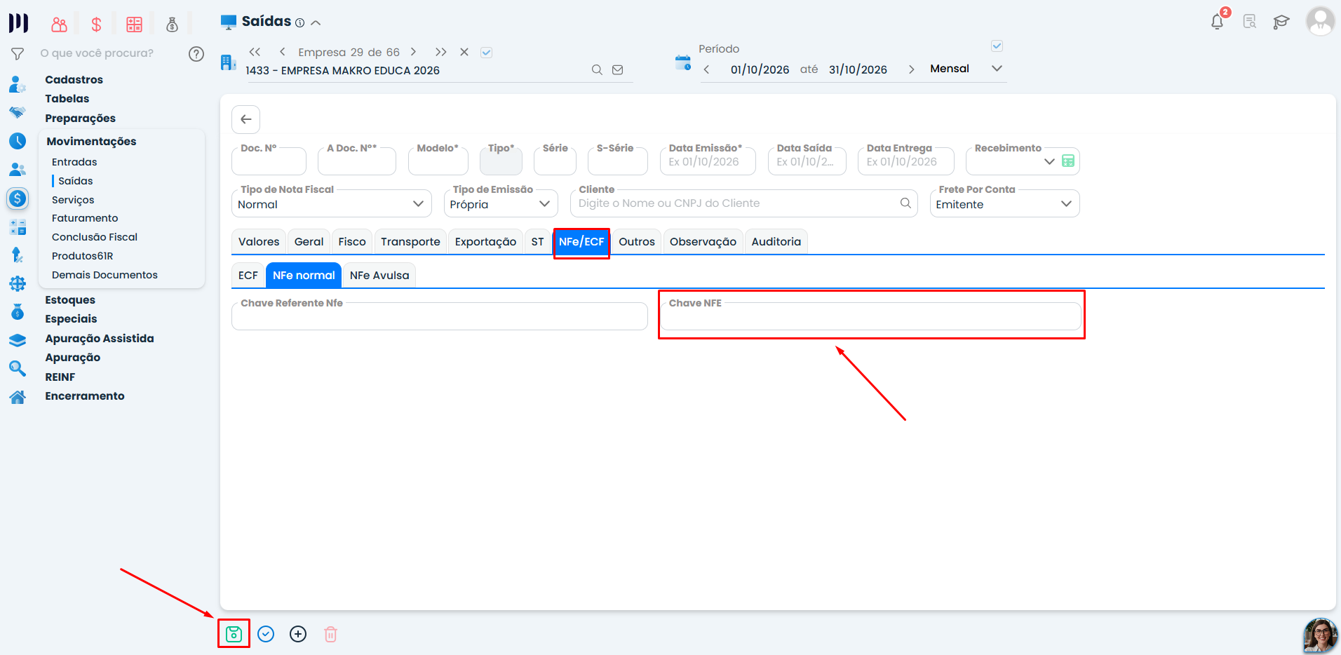 Tela do Sistema Contábil Makro com aba NFe/ECF, campo Chave NFE e botão de salvar destacados para concluir o registro da Nota Fiscal de Saída.