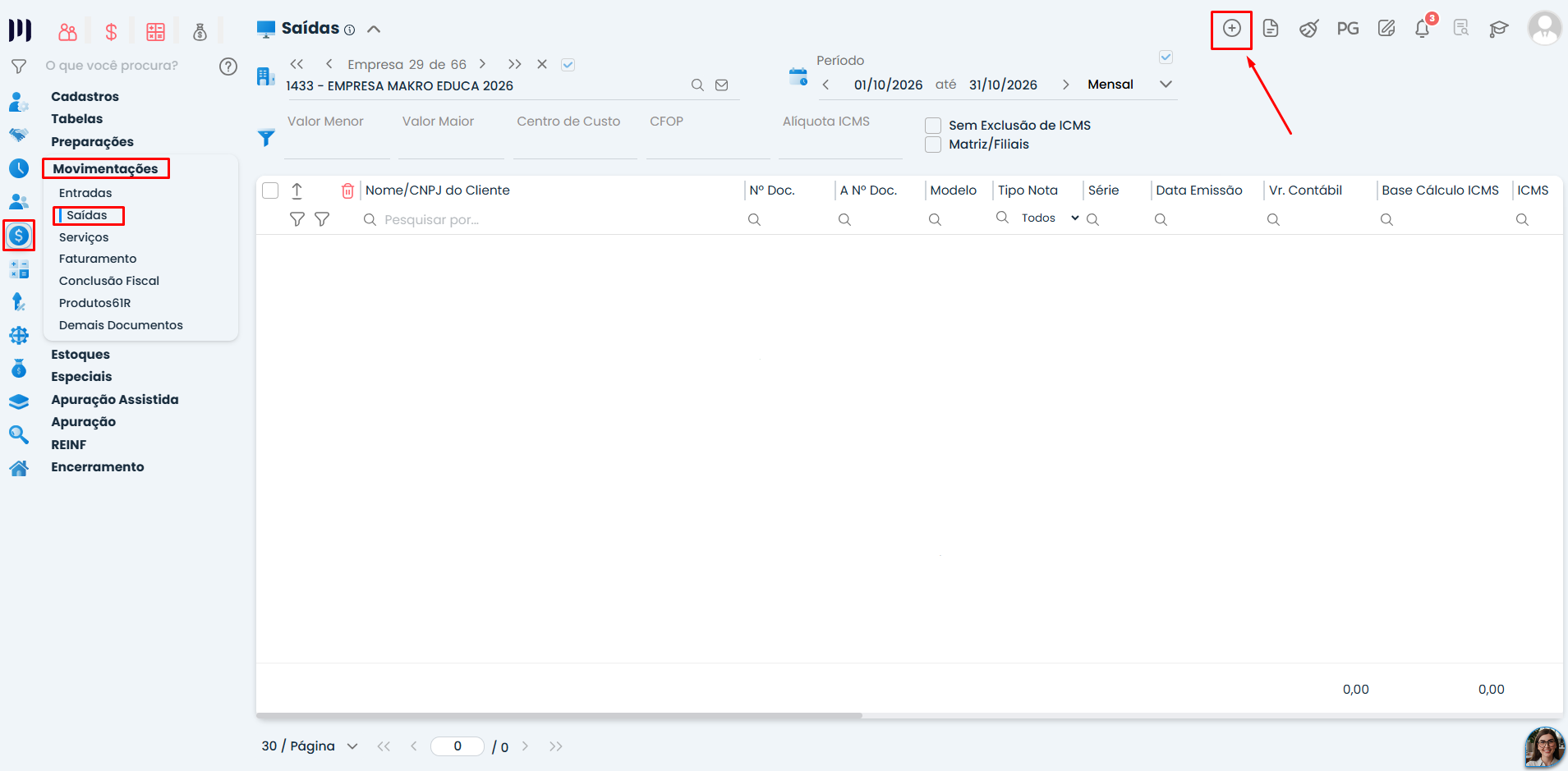 Tela do Sistema Contábil Makro com menu Movimentações > Saídas destacado e ícone de inclusão para iniciar o lançamento de Nota Fiscal de Saída.