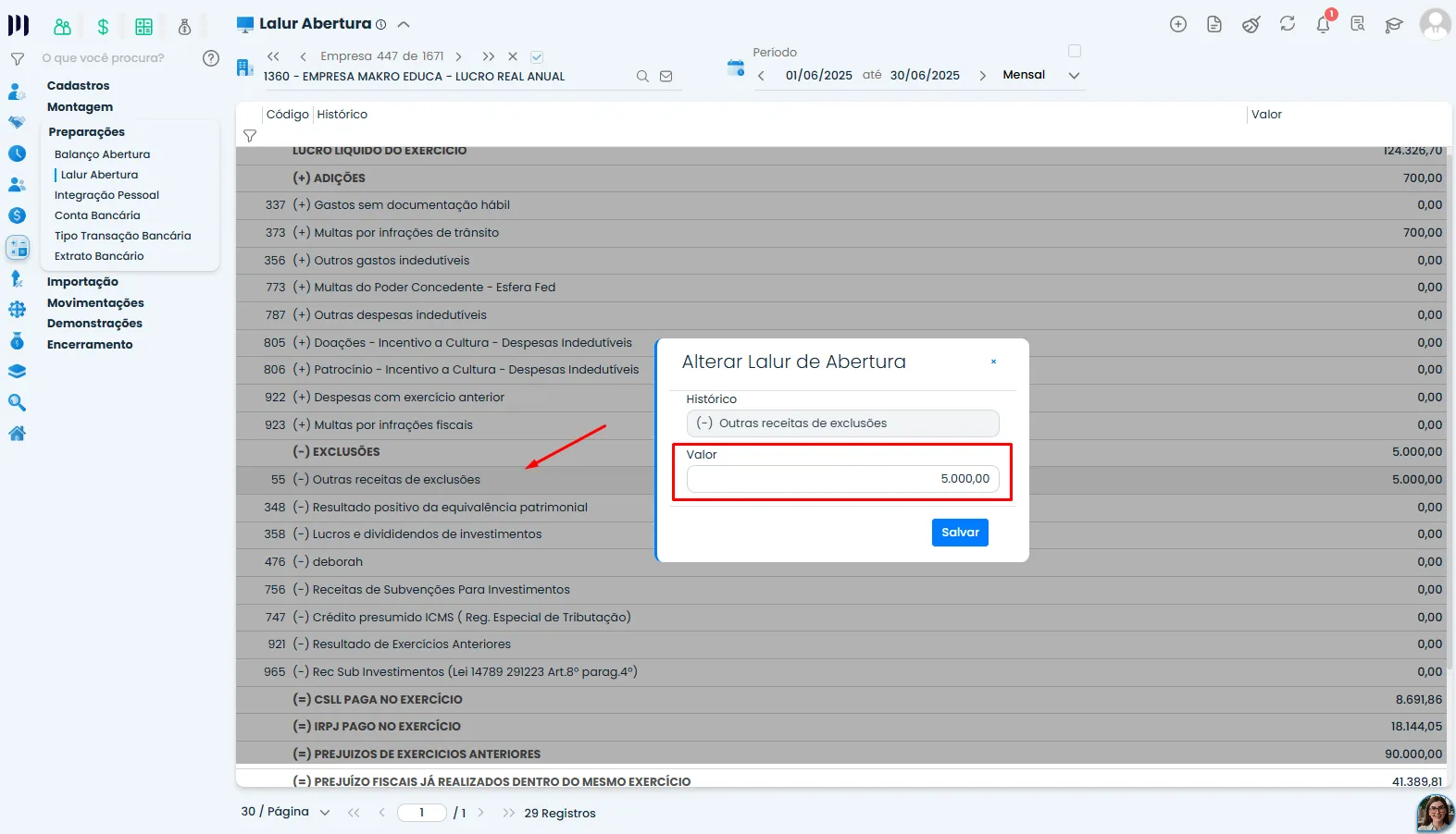 Janela Alterar Lalur de Abertura no Sistema Contábil Makro com valor de outras receitas de exclusões para preenchimento.
