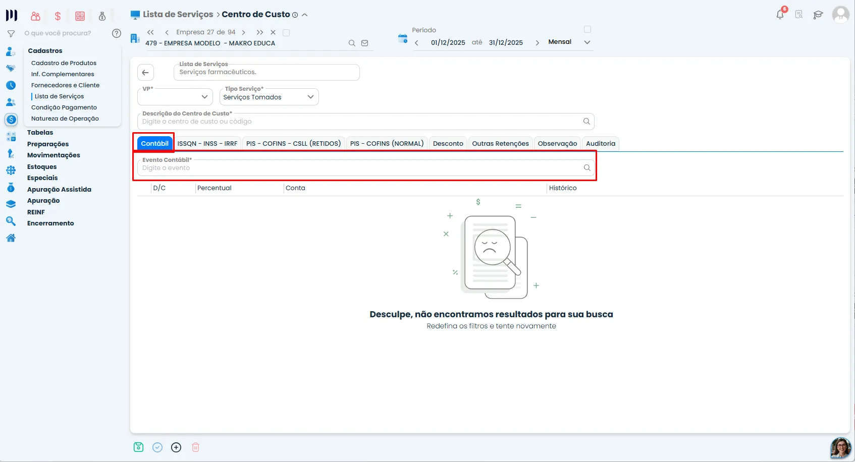 Aba Contábil do Sistema Contábil Makro com campo Evento Contábil destacado para definir o evento da Contabilização do ISSQN nas notas.