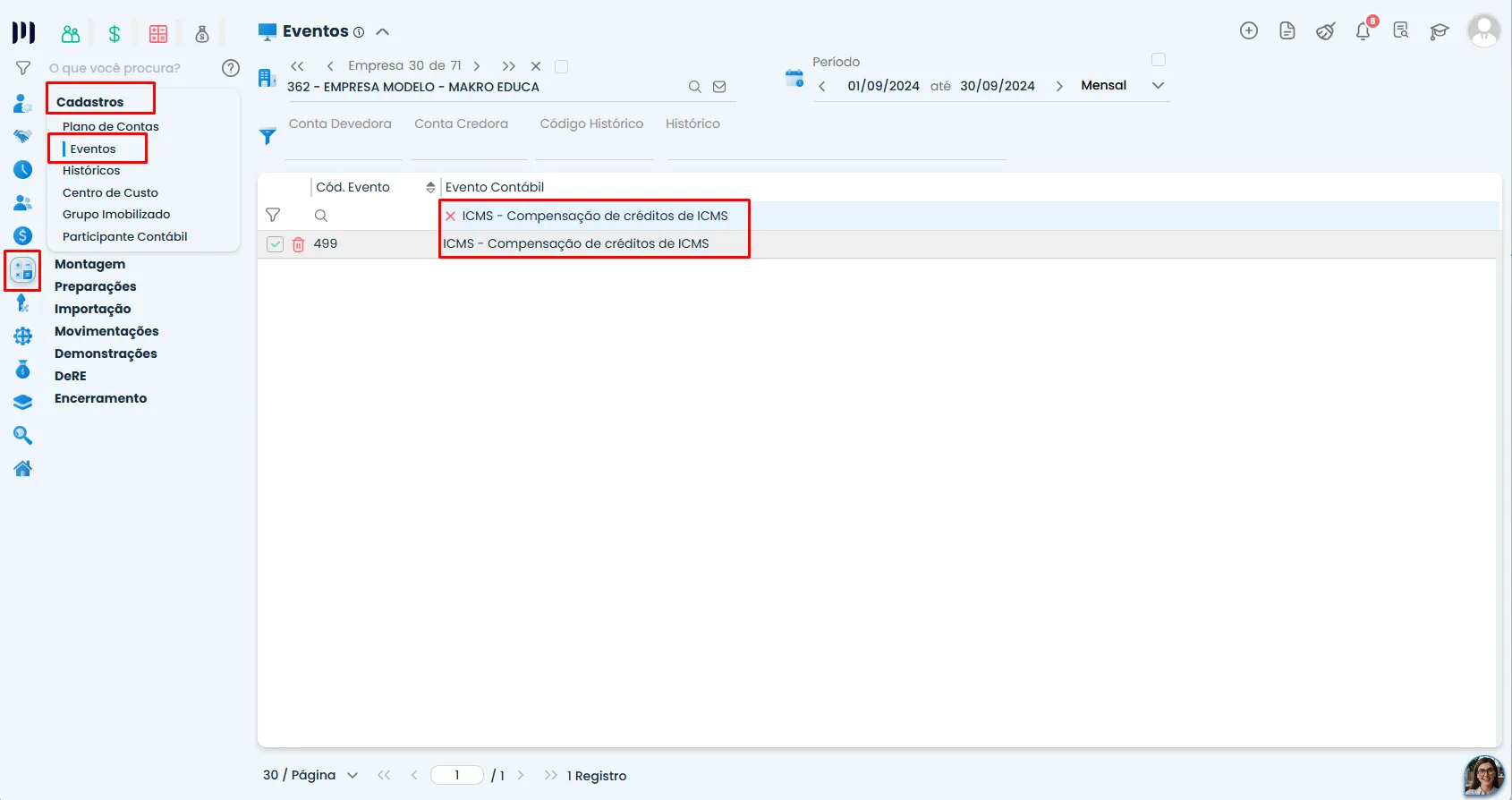 Tela do Sistema Contábil Makro no cadastro de Eventos, com o evento de compensação de créditos de ICMS destacado para configurar o Parâmetro 161.