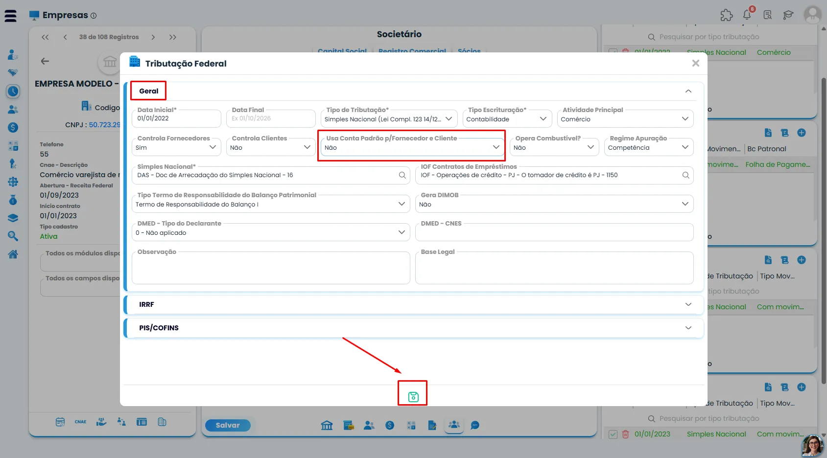 Tela de Tributação Federal do Sistema Contábil Makro com campo de conta padrão desativado para configurar a Contabilização de Clientes.