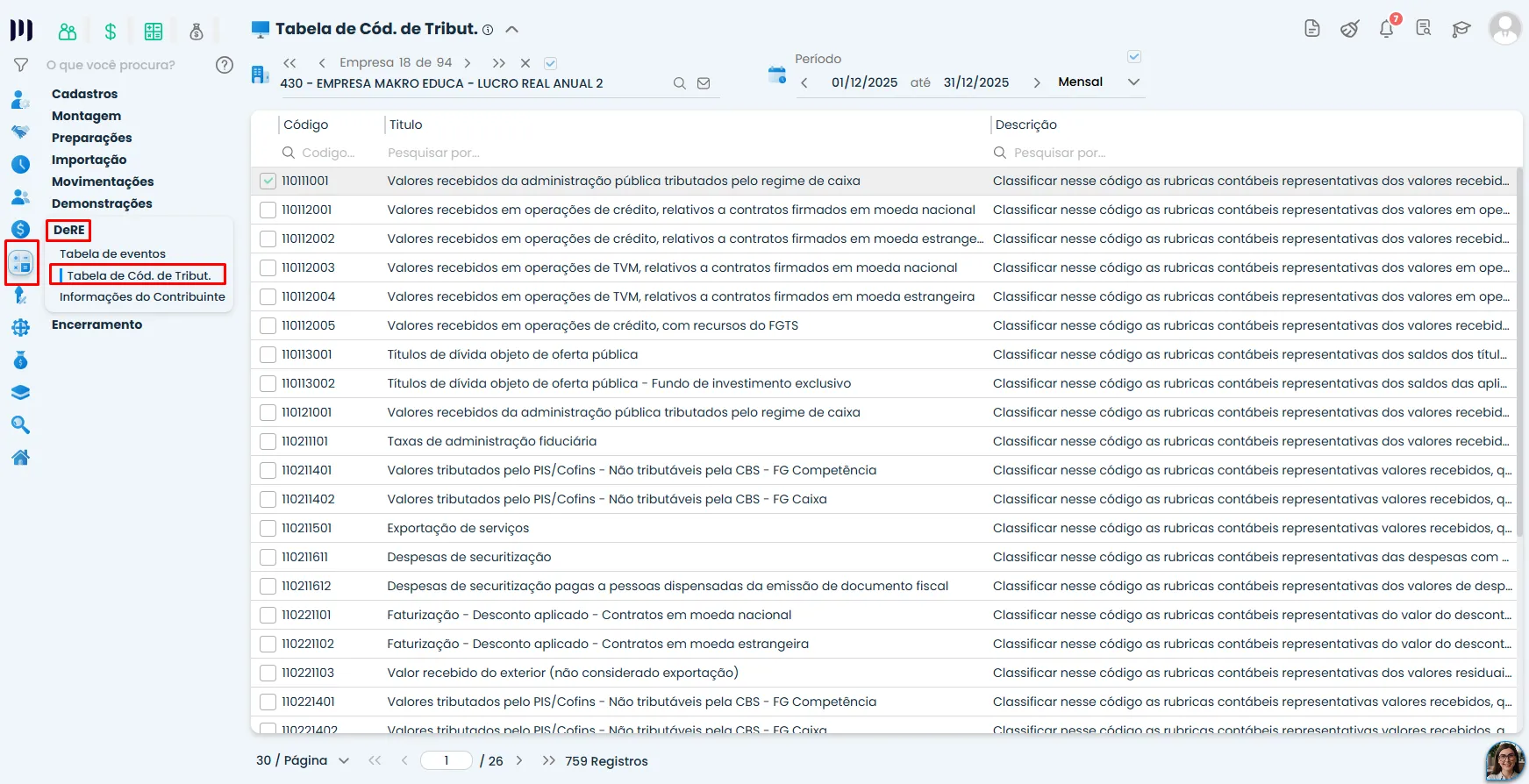 Tela do Sistema Contábil Makro com a tabela de Código de Tributação da DeRE, exibindo códigos, títulos e descrições para consulta contábil.