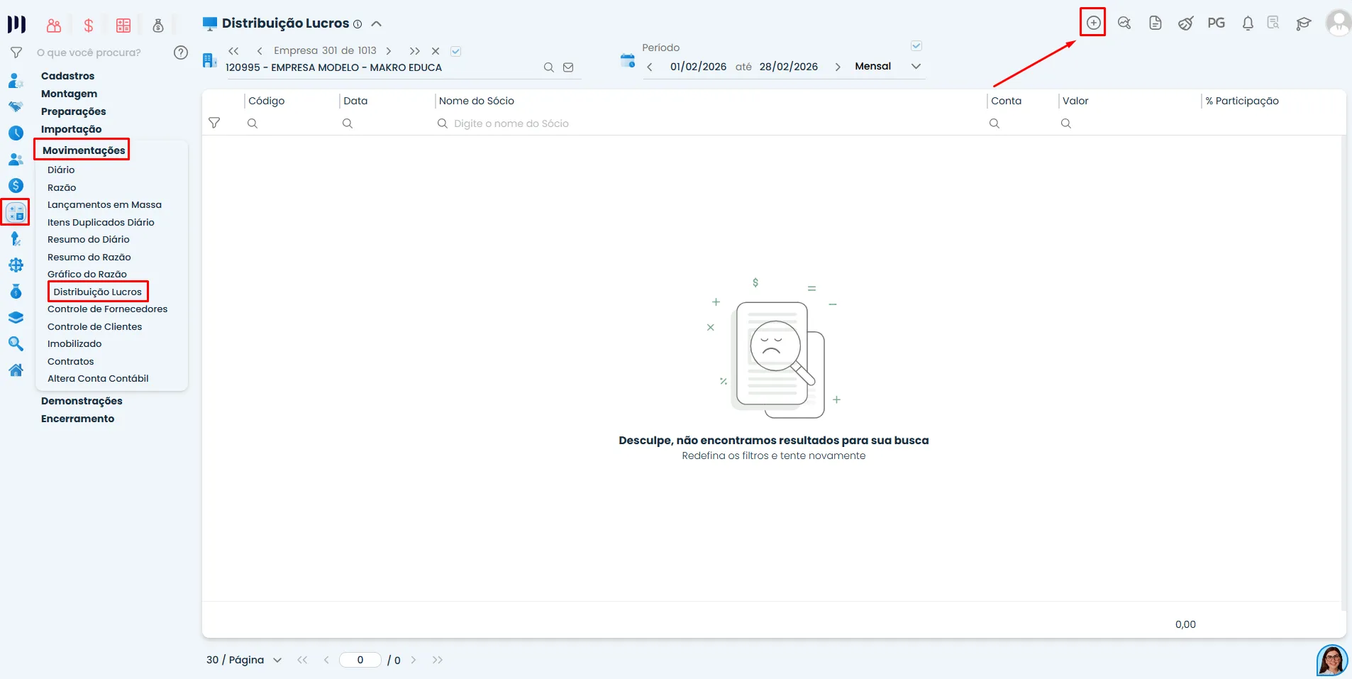 Tela de Distribuição de Lucros do software contábil Makrosystem